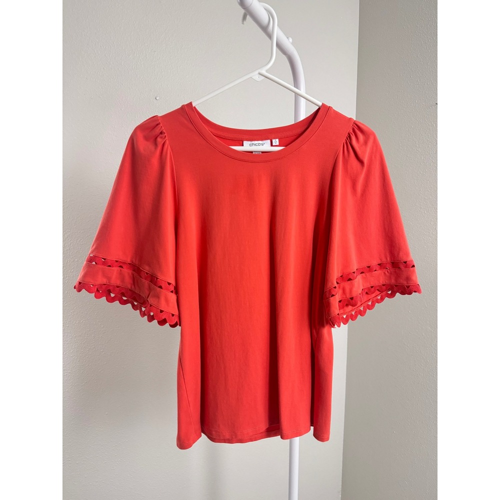 Chico's Coral Red Orange Scallop Eyelet Flutter Sleeve Knit Top Size Small